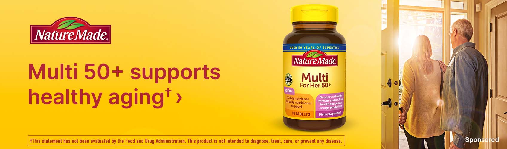 Nature Made.(R) Multi 50+ supports healthy aging†. †This statement has not been evaluated by the Food and Drug Administration. This product is not intended to diagnose, treat, cure, or prevent any disease. Sponsored.