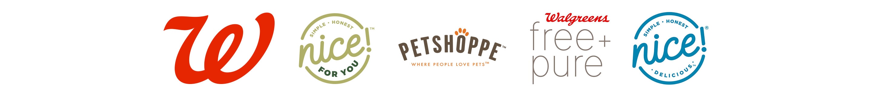 Walgreens brands logos, Walgreens, Nice for you, Petshoppe, free plus pure and Nice