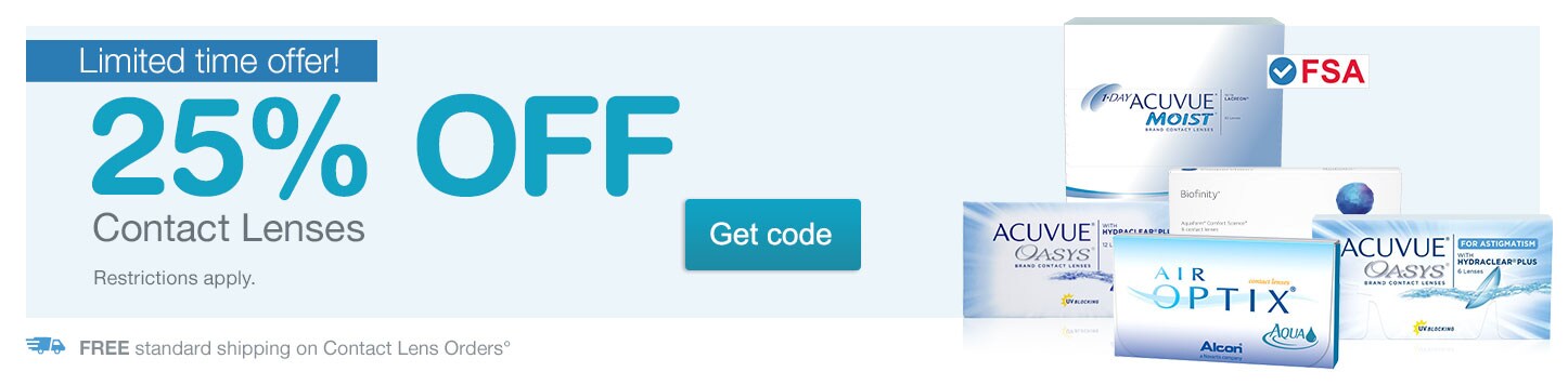 Limited time offer! 25% OFF ALL Contact Lens orders + FREE shipping. Get coupon code.