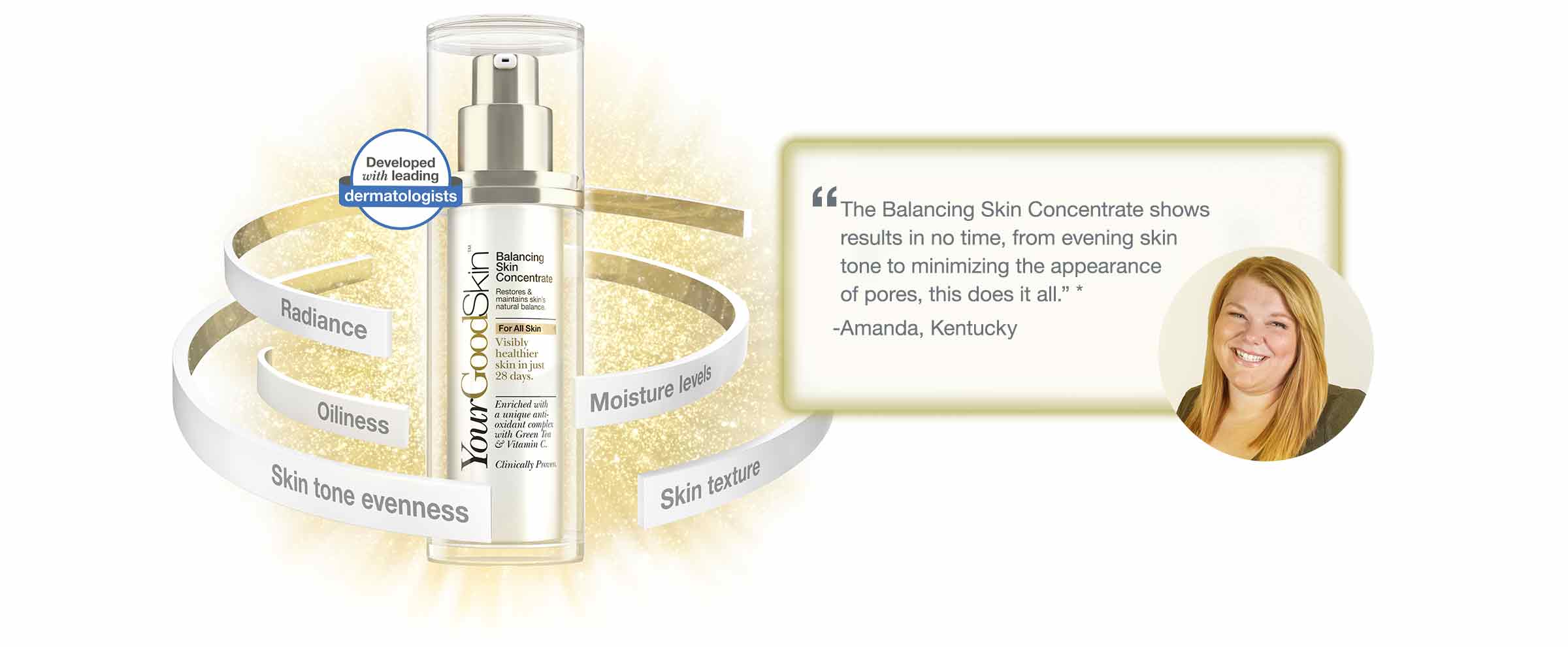 'The Balancing Skin Concentrate shows results in no time, from evening skin tone to minimizing the appearance of pores, this does it all.' -Amanda, Kentucky