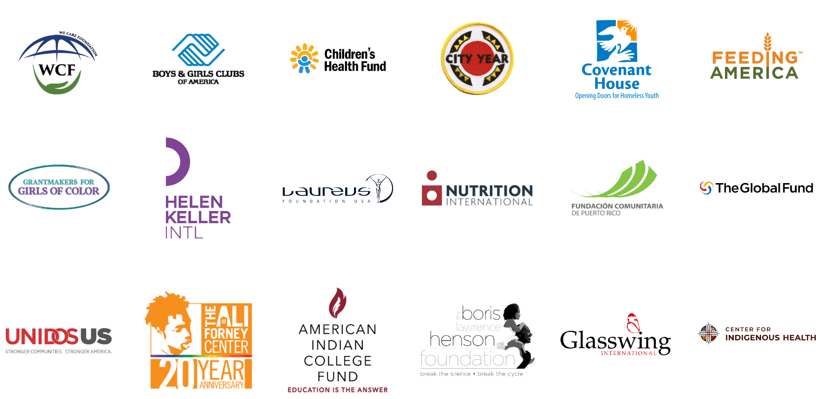WCF, Boys & Girls Clubs of America, Children's Health Fund, City Year, Covenant House, Feeding America,  Grantmakers for Girls of Color, Hellen Keller Intl., Laureus Foundation USA,  Nutrition International, Fundacion Comunitaria de Puerto Rico, The Global Fund, UNIDOS US, The Ali Forney Center: 20 Year Anniversary, American Indian College Fund: Education is the answer, The Boris Lawrence Henson Foundation, Glasswing International, Center for Indigenous Health