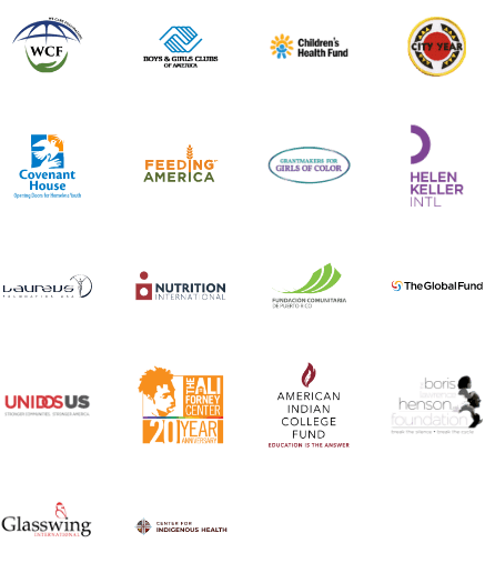 WCF, Boys & Girls Clubs of America, Children's Health Fund, City Year, Covenant House, Feeding America,  Grantmakers for Girls of Color, Hellen Keller Intl., Laur           eus Foundation USA,  Nutrition International, Fundacion Comunitaria de Puerto Rico, The Global Fund, UNIDOS US, The Ali Forney Center: 20 Year Anniversary, American Indian College Fund: Education is the answer, The Boris Lawrence Henson Foundation, Glasswing International, Center for Indigenous Health
