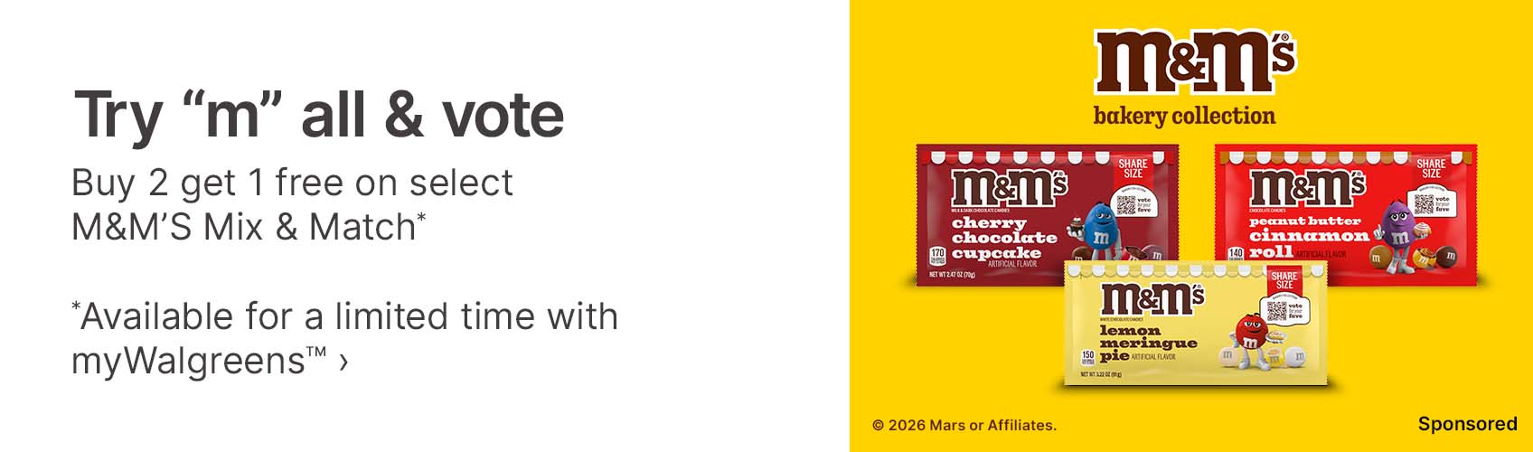 Try ''m'' all & vote. Buy 2 get 1 free on select M&M's Mix & Match* *Available for a limited time with myWalgreens(TM). (C) 2026 Mars or Affiliates. Sponsored.